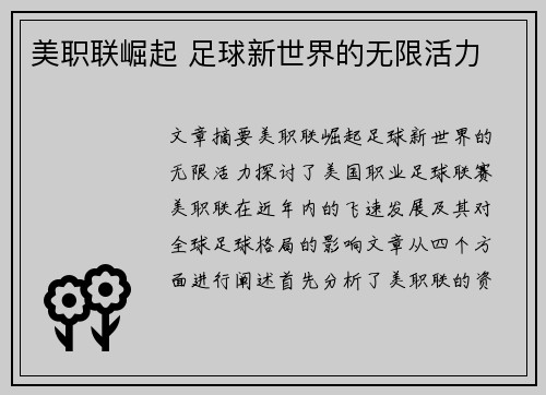 美职联崛起 足球新世界的无限活力