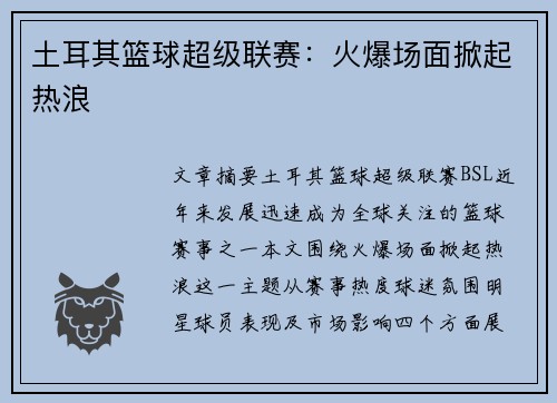 土耳其篮球超级联赛：火爆场面掀起热浪
